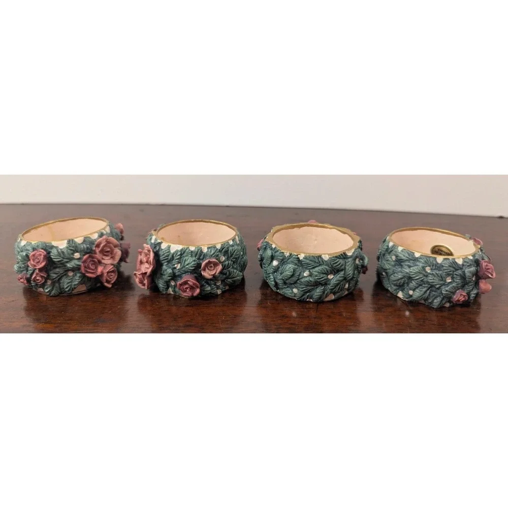 Vintage Set of 4 Floral Rose Napkin Rings Resin Cottagecore Shabby Chic Pink